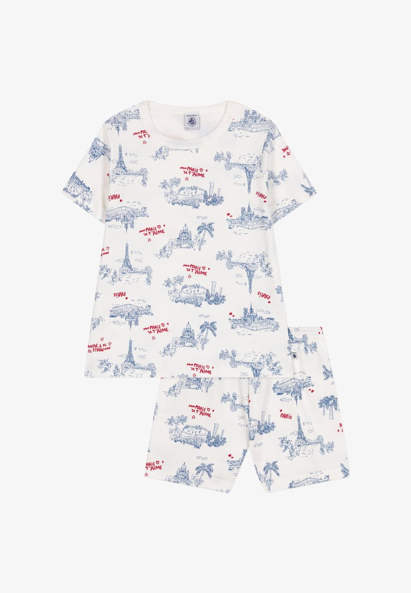 Kurzärmeliger Schlafanzug aus weißer Baumwolle mit blauen Skizzen von Pariser Sehenswürdigkeiten und roten Textakzenten, inklusive einer passenden Shorts.