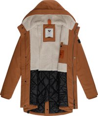 Brūna ārējā jaka ar baltu mākslīgās kažokādas oderi, ar kvadrātveida melnu iekšējo slāni un dažādām kabatām un etiķetēm. Ar rāvējslēdzēju un pogu aizdari.