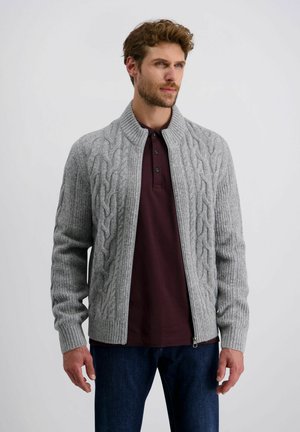 Grau gestrickter Cardigan mit durchgehendem Reißverschluss, gerippten Bündchen und hohem Kragen. Auf der Vorderseite mit einem Zopfmuster versehen, getragen über einem dunkelbraunen Hemd.