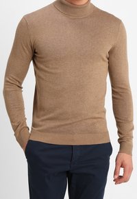 Pull à col roulé marron, léger, au toucher lisse, coupe ajustée avec ourlet et poignets côtelés, porté avec un pantalon bleu marine.