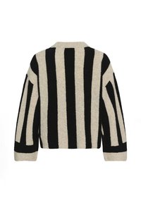 Beige und schwarzer Wollpullover mit auffälligen vertikalen Streifen und langen Ärmeln, von hinten vor einem weißen Hintergrund gezeigt.