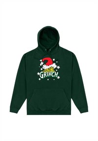 Sudadera verde de algodón, con un bolsillo frontal, capucha con cordones y un gráfico del Grinch con un gorro de Santa y estrellas.