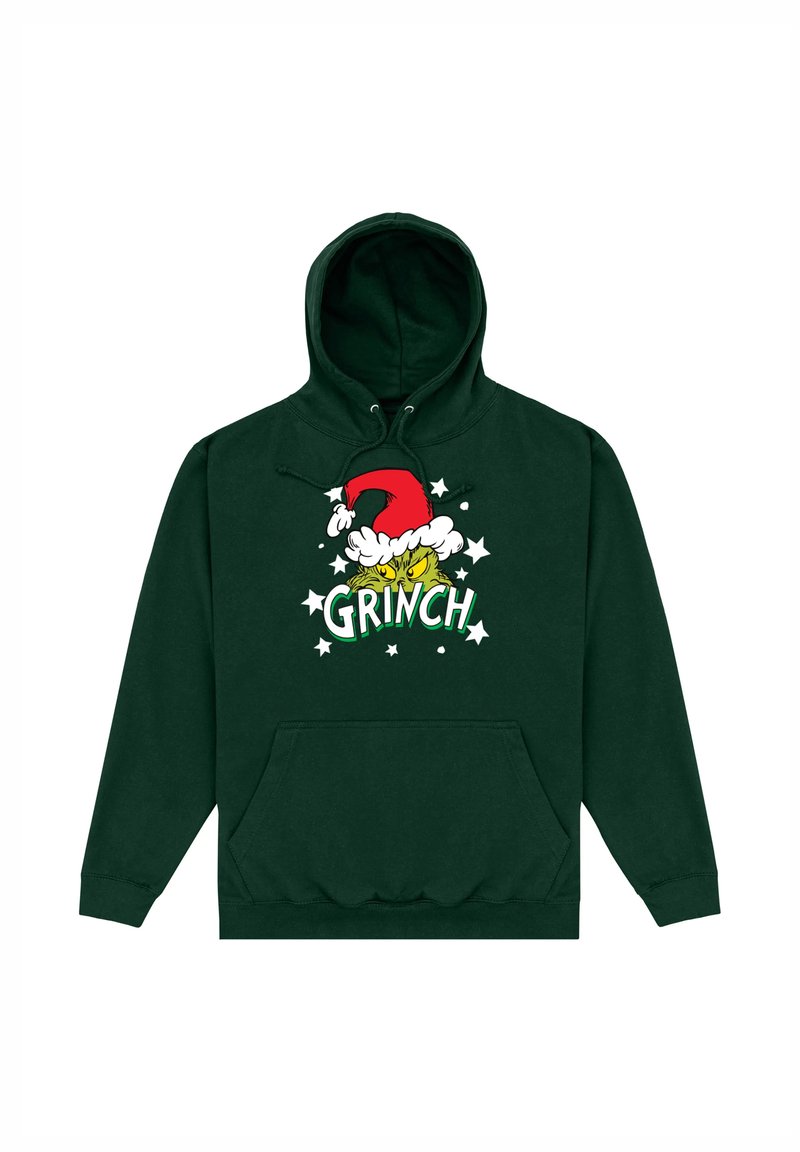 Sudadera verde de algodón, con un bolsillo frontal, capucha con cordones y un gráfico del Grinch con un gorro de Santa y estrellas.