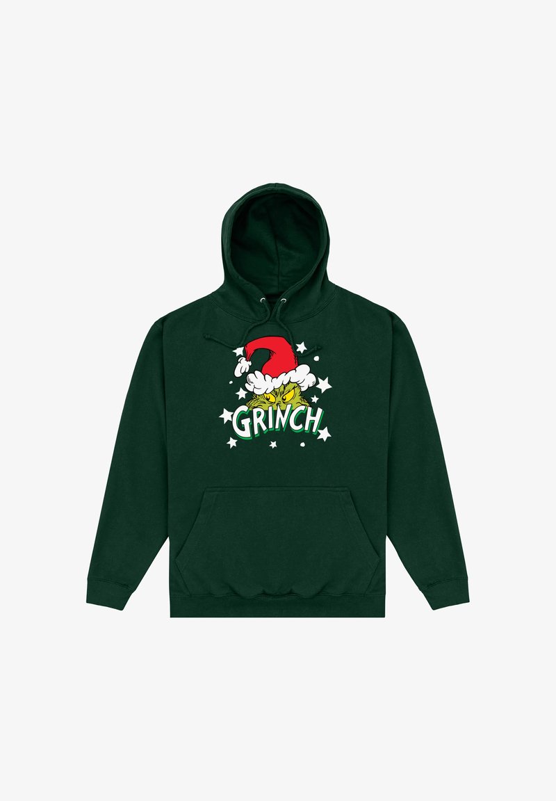 Sudadera verde de algodón, con un bolsillo frontal, capucha con cordones y un gráfico del Grinch con un gorro de Santa y estrellas.