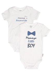 Two white baby bodysuits, one with blue text "Mommy's Favourite" and stars, the other with a blue bow tie and "Mommy's little BOY."