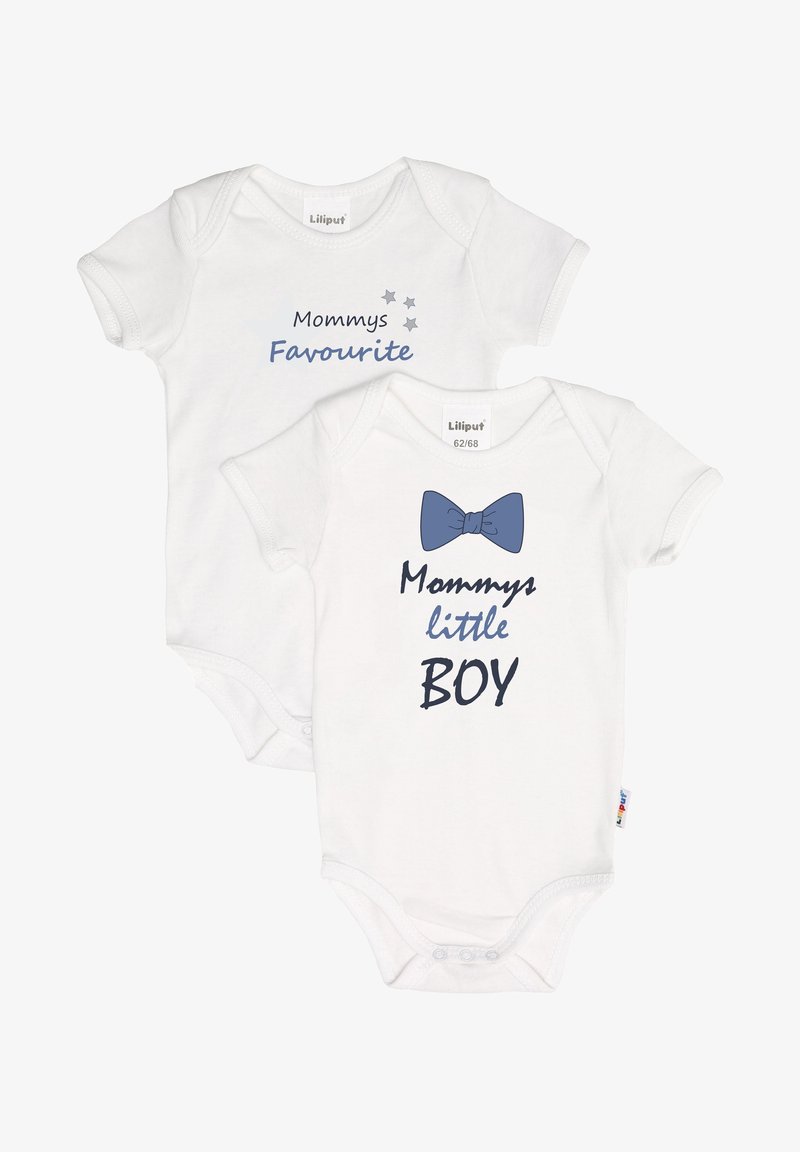 Two white baby bodysuits, one with blue text "Mommy's Favourite" and stars, the other with a blue bow tie and "Mommy's little BOY."