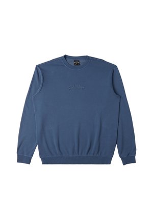 Sweatshirt en coton bleu avec des poignets et un ourlet côtelés, comportant un logo brodé sur la poitrine. Texture lisse et design à col rond.