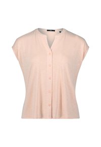 Lichtroze blouse met korte mouwen, voorzien van een knoopsluiting aan de voorkant en een relaxte pasvorm. Gemaakt van zachte, gestructureerde stof met een subtiele glans.