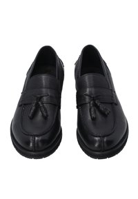 Schwarze Lederloafers mit glatter Oberfläche, einem gestickten Rand, einem dekorativen Schleifendetail und einer Gummisohle für besseren Halt.