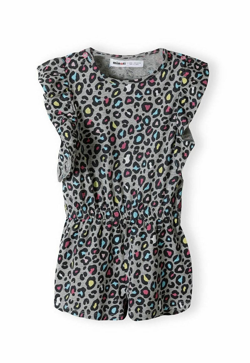 Romper gris para bebé con estampado de leopardo colorido, mangas con volantes, cintura elástica y botones de presión en el hombro para facilitar el vestido.