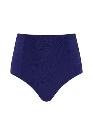 Marineblaue Bikinihose mit hoher Taille, strukturiertem wellenförmigem Muster und glatten Seitenpaneelen vor weißem Hintergrund.