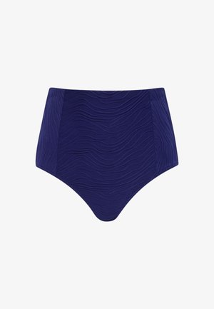 Marineblaue Bikinihose mit hoher Taille, strukturiertem wellenförmigem Muster und glatten Seitenpaneelen vor weißem Hintergrund.