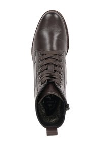 Bottine en cuir marron avec finition texturée, lacets plats, fermeture éclair intérieure et doublure douce. Dotée d'un bout rond et d'un talon renforcé.