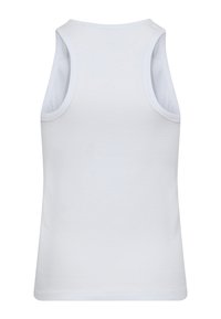 Weißes Baumwoll-Top mit rundem Ausschnitt und breiten Schulterträgern. Die Rückseite ist glatt, ohne zusätzliche Muster oder Akzente.