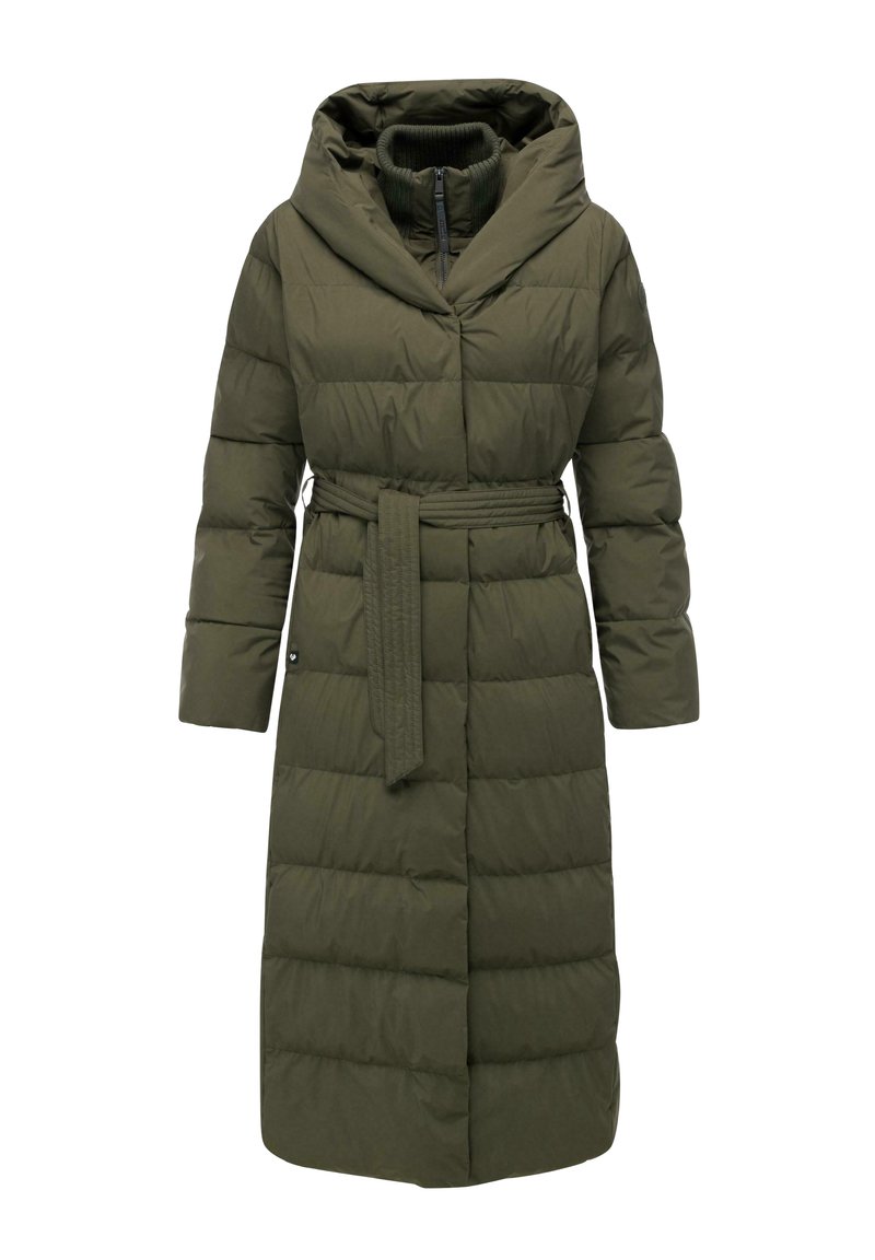 Olive green puffer coat with a large hood, belted waist, and quilted design. Features long sleeves and a zip closure. Durable fabric texture.