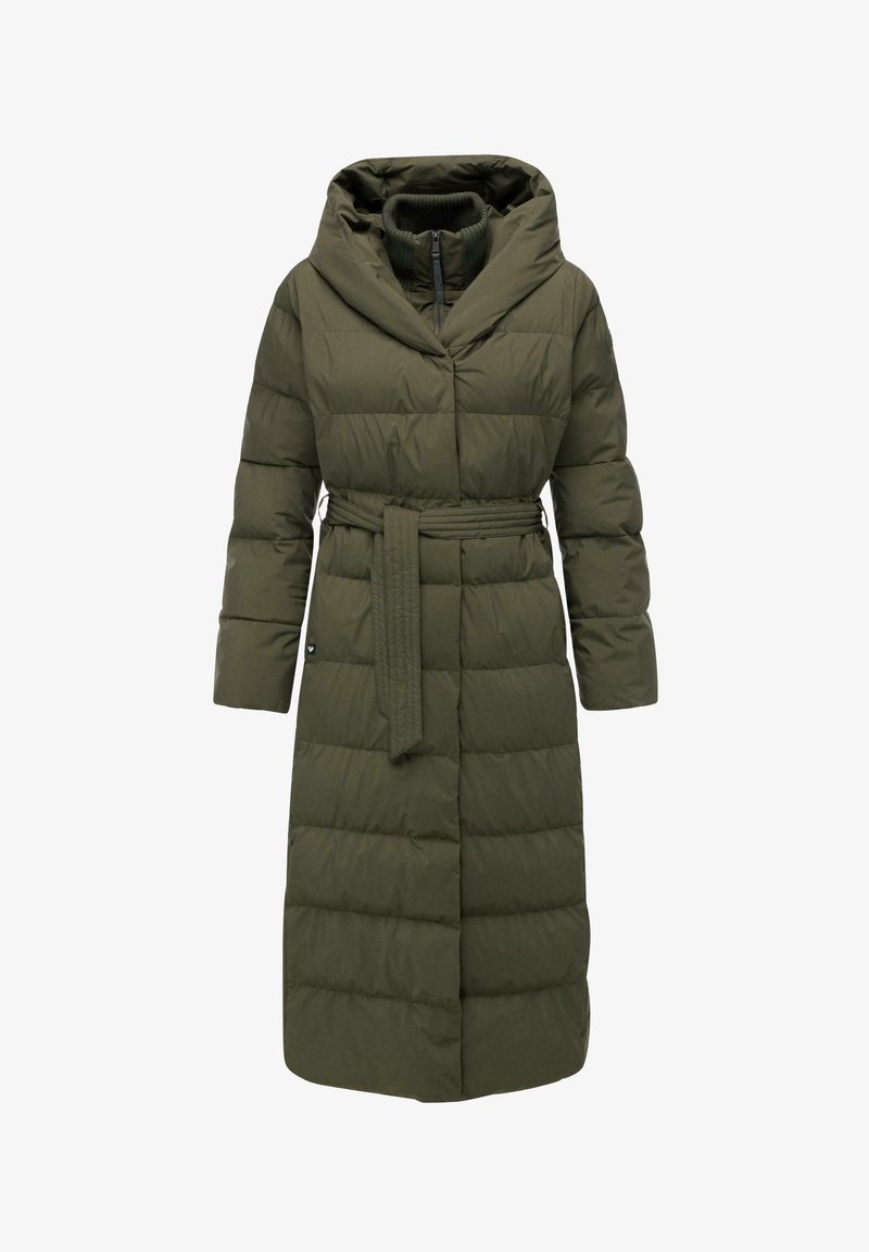 Olivengrøn pufferjakke med stor hætte, bælte i taljen og quiltet design. Har lange ærmer og lynlås lukning. Holdbar tekstur.