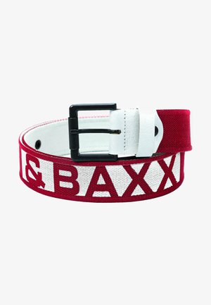 Red and white woven belt featuring bold text design, black metal buckle, and leather strap accents. Text reads "BAXX" in a cut-out style.