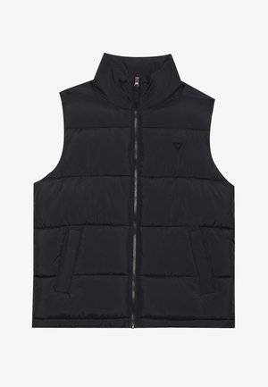 Zwarte puffervest met een hoge kraag, een ritssluiting aan de voorkant en twee zijzakken. Kenmerkt zich door gestikte panelen voor isolatie en een subtiele logodetail.