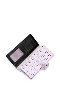 Black wallet with a pink and purple polka dot interior, featuring multiple card slots, a clear ID window, and a snap closure.