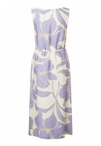 Ärmelloses Midikleid mit großem Blumenmuster in Flieder und Beige auf weißem Hintergrund, mit einem dezenten Taillengürtel und strukturierter Stoffqualität.