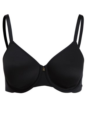 Schwarzer BH mit verstellbaren Trägern, glattem Stoff, Unterdrahtstütze und einem kleinen goldenen Verschluss an der Vorderseite. Minimalistisches Design.