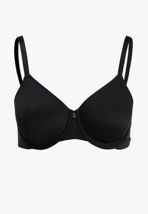 Soutien-gorge noir avec bretelles réglables, tissu lisse, soutien par armatures et un petit fermoir doré au centre devant. Design minimaliste.