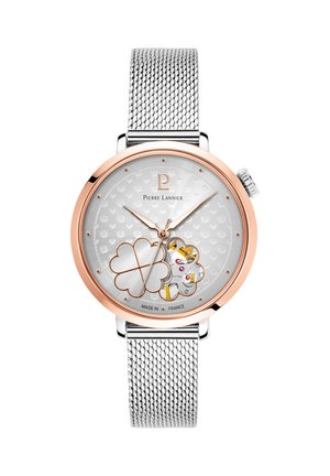 Pierre Lannier zapestna ura z srebrnim mrežastim trakom, ohišjem v rožnato zlati barvi, belim številčnico z vzorci src in cvetličnim odprtim mehanizmom na številčnici.