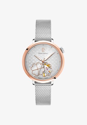Pierre Lannier wristwatch with silver mesh strap, rose gold bezel, white dial featuring heart patterns and a floral open-heart mechanical detail.