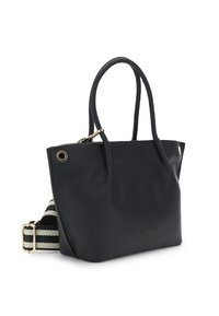 Borsa a tracolla nera in pelle con forma strutturata, manici superiori e una tracolla rimovibile a righe. Presenta dettagli in oro e il logo sul davanti.