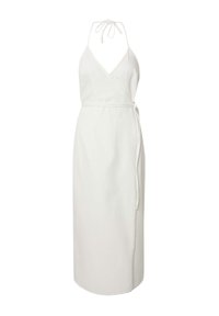 Weißes Wickelkleid mit Halterneck, langem Rock und verstellbarem Taillenzug. Aus glattem Stoff mit einem klaren, minimalistischen Design.