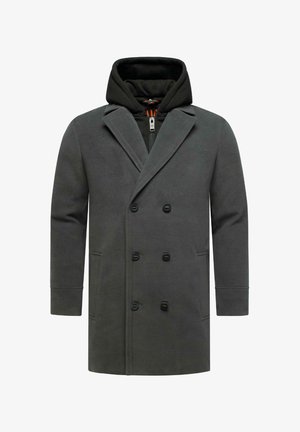 Abrigo de doble botonadura en gris oscuro con una capucha profunda, hecho de material suave. Cuenta con dos bolsillos frontales y botones negros.