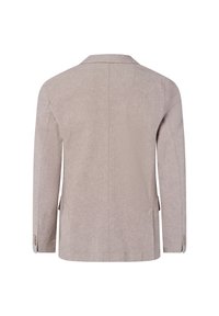 Beige blazer met een gladde textuur, enkele achterkant ventilatie, scherpe revers en manchetten met vier knopen. Eenvoudig ontwerp, getailleerde pasvorm, geen zichtbare patronen.