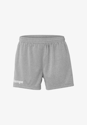 Grå atletiske shorts lavet af blødt stof, med elastisk talje og hvidt logo på venstre ben. Glat tekstur og afslappet design.