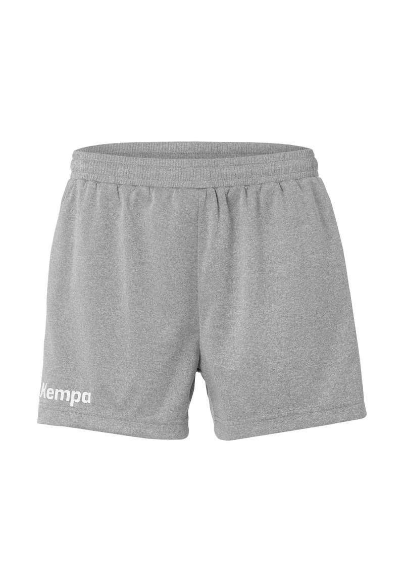 Graue Sportshorts aus weichem Stoff, mit elastischem Bund und weißem Logo am linken Bein. Sanfte Textur und lässiges Design.