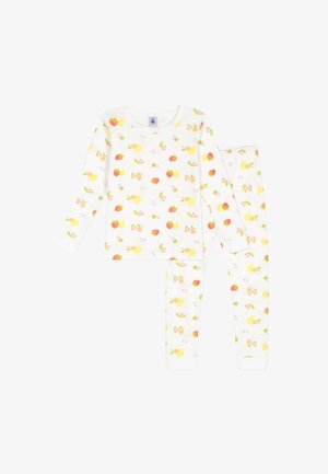 Ensemble de pyjama à manches longues en coton blanc avec un imprimé de fruits, comprenant des fraises et des citrons, des poignets côtelés et des legging avec taille élastique.