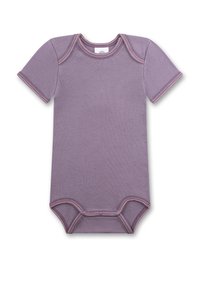 Kurzärmliger Bodysuit aus lavendelfarbenem Stoff mit pinken Nähten. Verfügt über einen runden Halsausschnitt und Druckknöpfe im Schritt für ein einfaches Ankleiden.