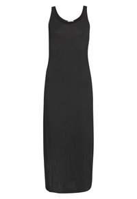 Czarna sukienka bez rękawów, wykonana z gładkiego materiału, z okrągłym dekoltem oraz prostą sylwetką do kostek, bez widocznych wzorów ani zdobień.