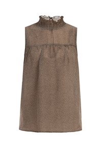Bruine mouwloze blouse met een hoge ruches-enkeling, voorzien van een delicate bloemenprint en een losse pasvorm. Gemaakt van lichtgewicht, doorschijnende stof.