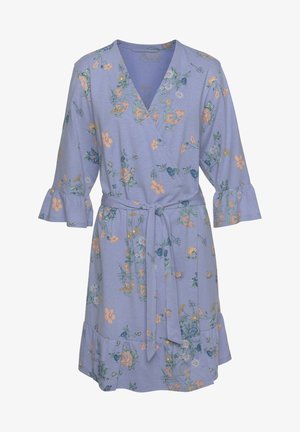 Lila Wickelkleid aus weichem Stoff mit floralem Stickerei in Orange und Grün. Mit Rüschenärmeln und einem passenden Bindegürtel.