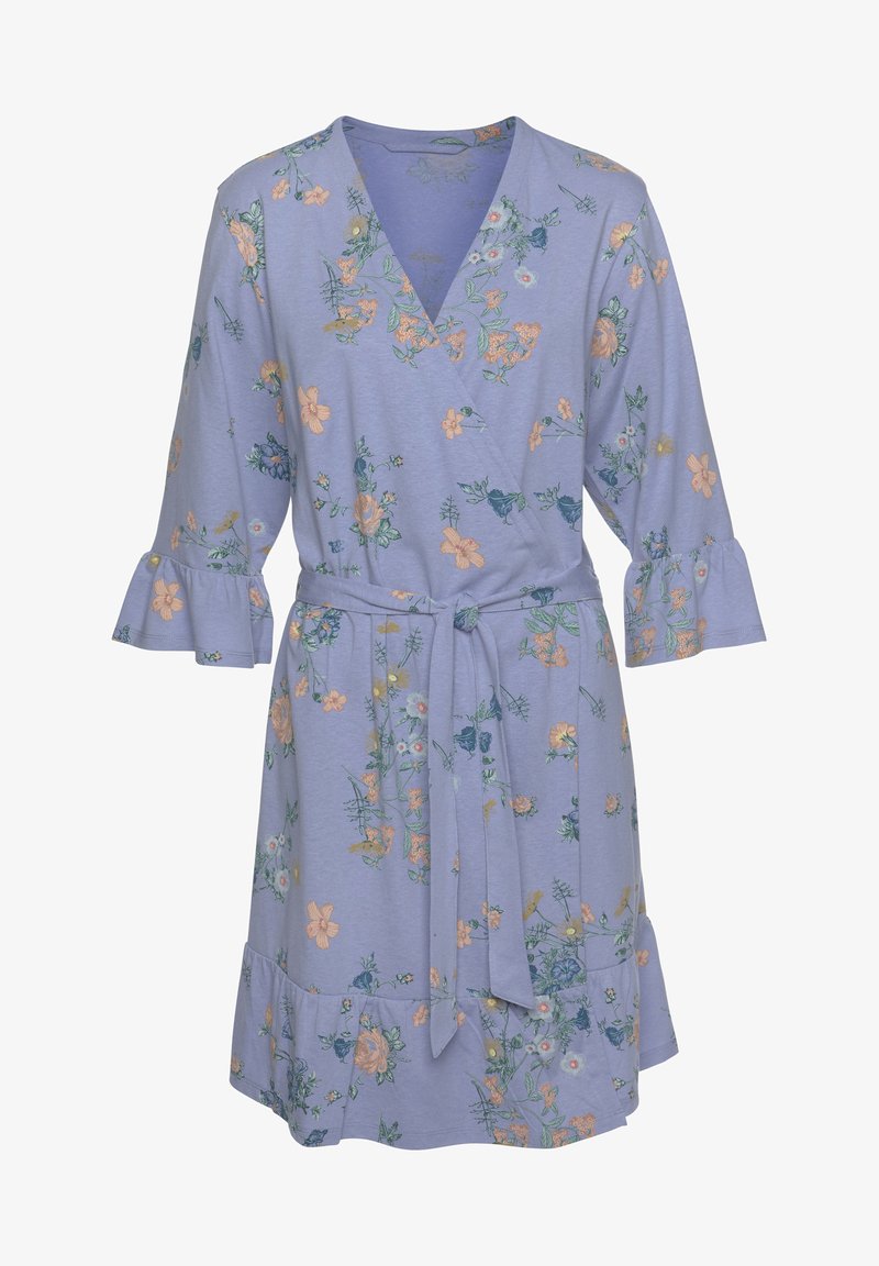 Lila Wickelkleid aus weichem Stoff mit floralem Stickerei in Orange und Grün. Mit Rüschenärmeln und einem passenden Bindegürtel.