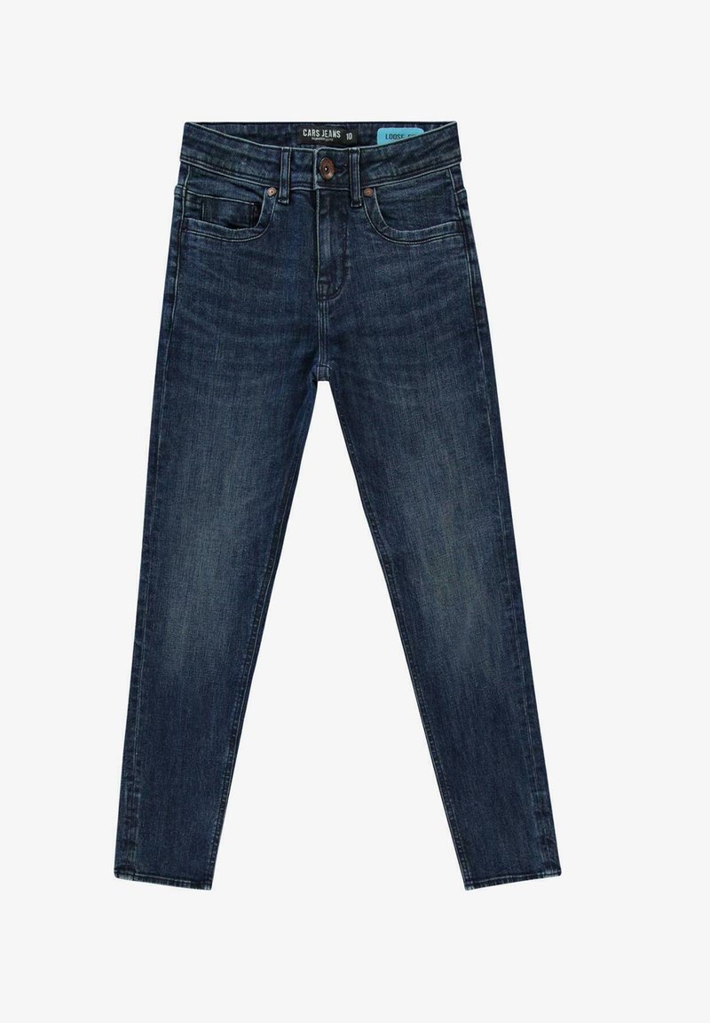 Donkerblauwe denim jeans met een losse pasvorm, vijf zakken, een knoop- en ritsluiting aan de voorkant, en subtiele vervagingen door de stof.