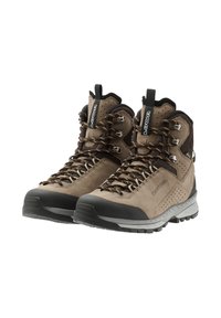 Stivali da trekking marroni con parte superiore in suede e rete, puntera in gomma, ganci metallici per i lacci e suola sagomata per una migliore trazione.
