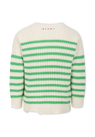 Maglione lavorato a maglia con righe verticali verdi e bianche, colletto a giro e tessuto testurizzato. Presenta un fondo leggermente sfrangiato e un'etichetta rossa sul retro.