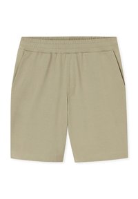 Shorts beige à taille élastique avec poches latérales et ourlet droit, fabriqués en tissu doux et léger.