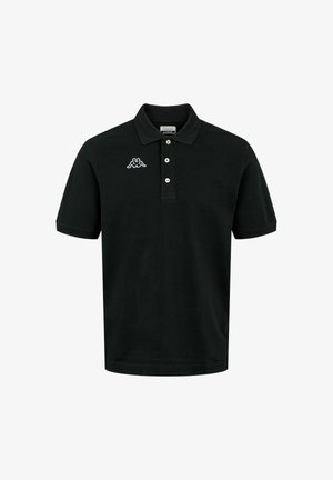 Polo negru din bumbac, cu o bandă cu trei nasturi, mâneci scurte și un logo brodat alb pe pieptul stâng.