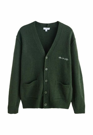 Dark green cardigan with a V-neck, five buttons, two front pockets, and ribbed cuffs. Features embroidered detail on the left side.