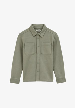 Zelená, textúrovaná košeľa na gombíky s golierom, dvoma prednými vreckami a cvokovým zapínaním. Obsahuje rebrovaný vzor a voľný strih.