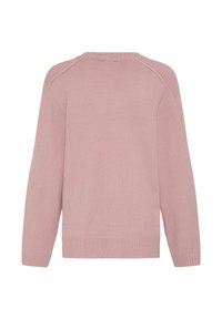Pull à manches longues, col rond côtelé, couleur rose poudré clair, montrant le dos avec poignets et ourlet côtelés.