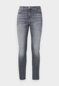 Pánské šedé slim-fit džíny s vyblednutím na stehnech a kolenou, s předním knoflíkem, zipem, poutky na opasek a pěti kapsami.