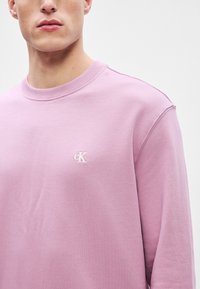 Sudadera rosa claro con cuello redondo acanalado, mangas largas y un pequeño logo bordado en blanco de CK en el pecho. Textura de tela suave.
